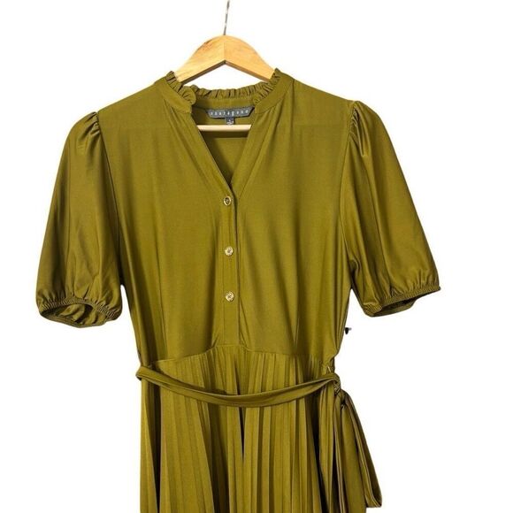 Sharagano Pleated Short Sleeve Dress Size 6 Spanish Olive New - Picture 7 of 9